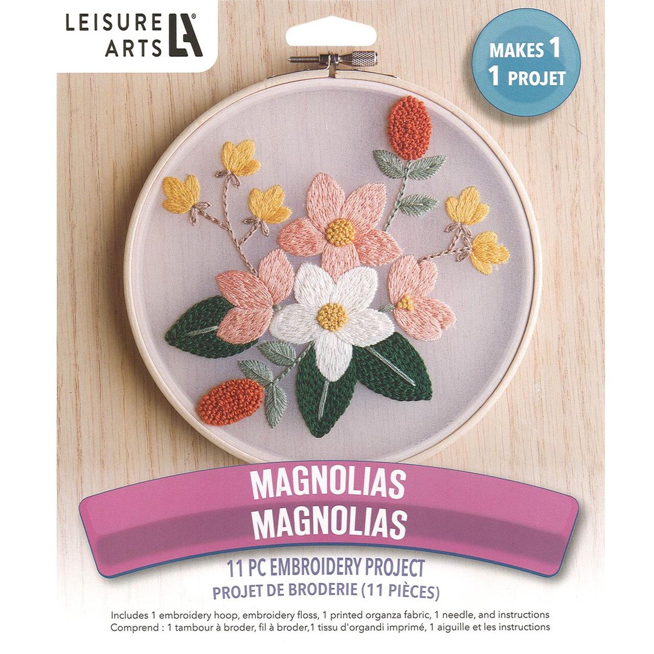 Leisure Arts Embroidery Kit 6" Magnolias - Embroidery Kit for Beginners and Adults, Cross Stitch Kits with Patterns, DIY Starter Set for Seasonal Craft Projects